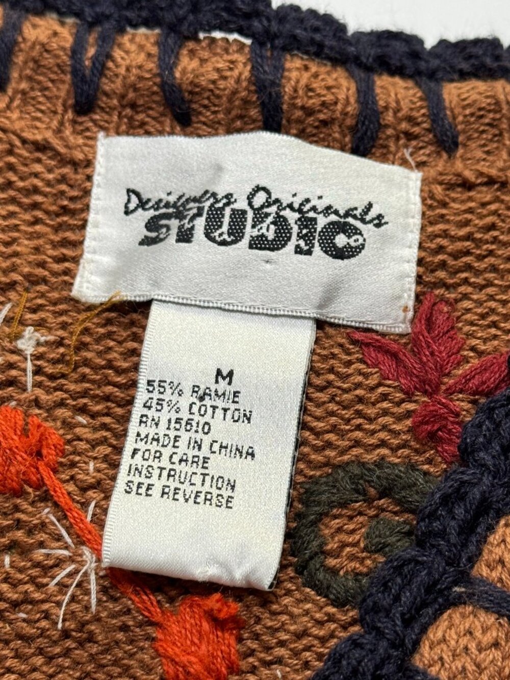 Vtg 90s Autumn Folk Floral Applique Knit Sweater Vest Fall Leaves Brown Orange - Picture 8 of 9